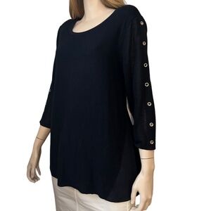 TRIBAL Sweater Tunic Pullover Top Silver Grommets ¾ Sleeve Hi Low Chiffon Panels